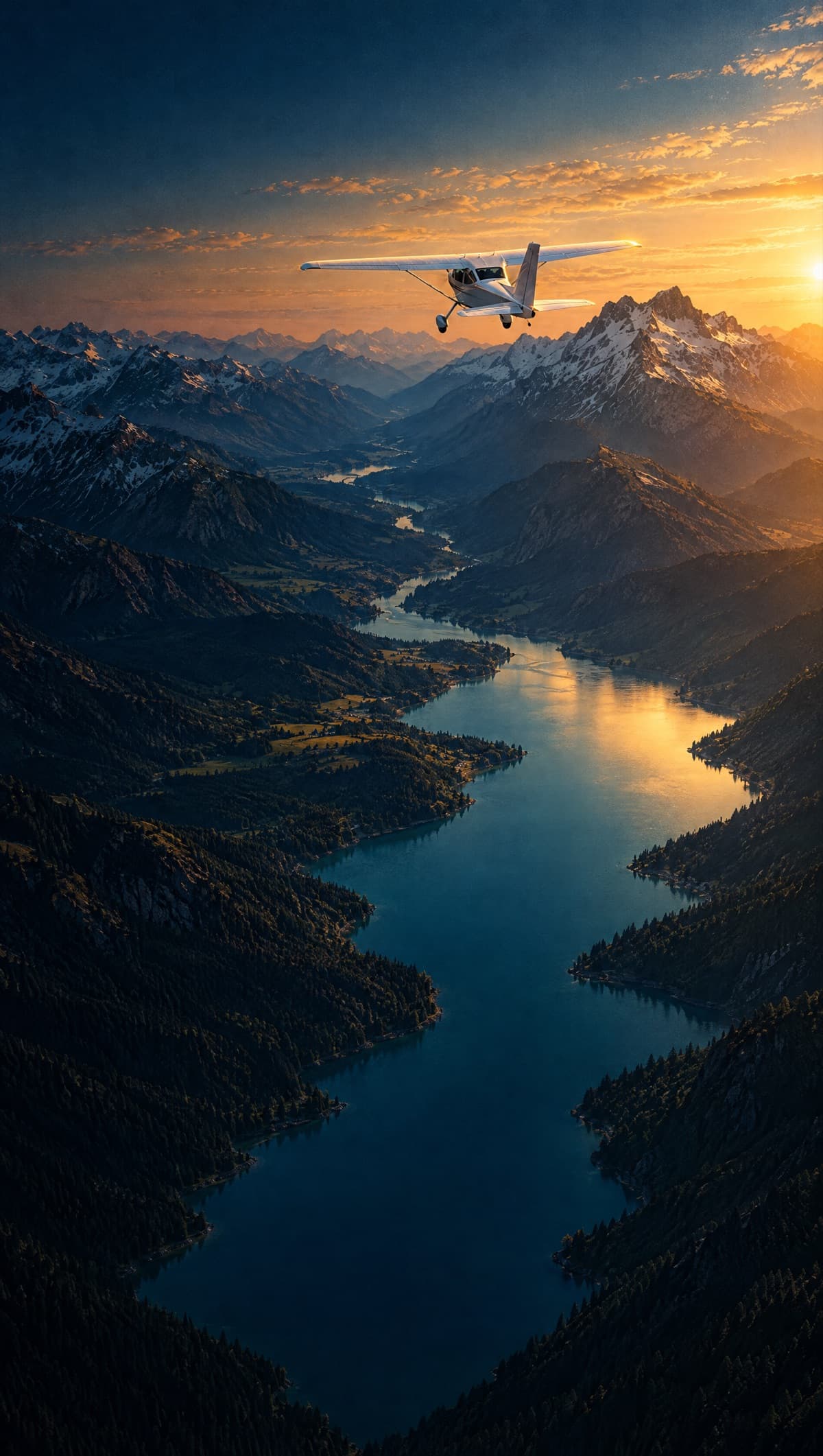 Ein kleines einmotoriges Flugzeug fliegt bei Sonnenuntergang über einen Alpensee. (KI-generiertes Bild)