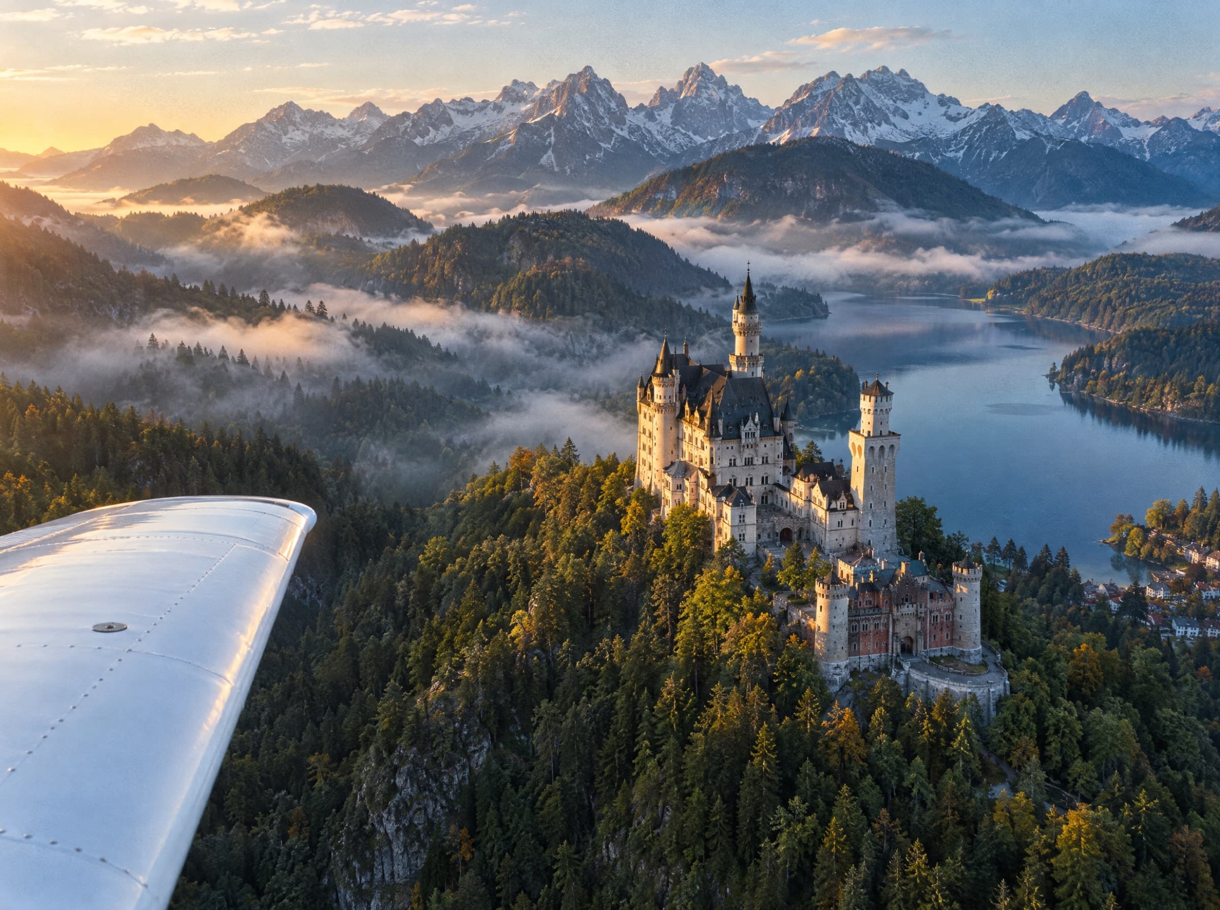 Blick über eine Tragfläche auf ein Märchenschloss über einem Bergsee im Morgennebel. (KI-generiertes Bild)