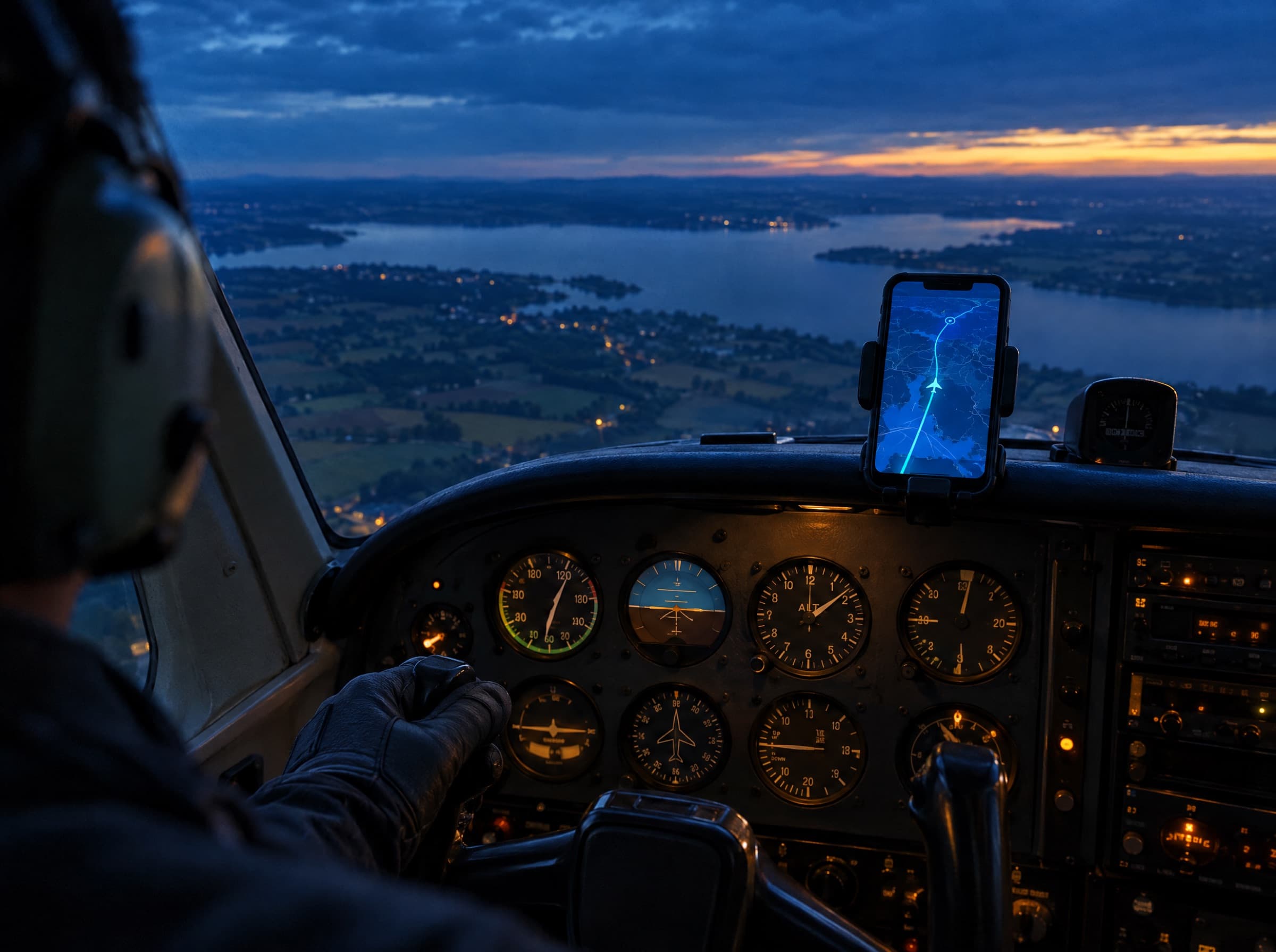 Blick über die Schulter eines Piloten im Cockpit, ein Smartphone zeigt den Flugtrack. (KI-generiertes Bild)